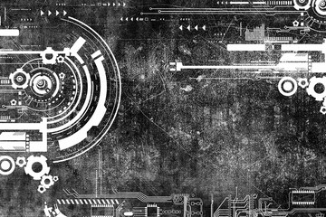Abstract grunge futuristic cyber technology background. Sci-fi circuit design. Blueprint on old grungy surface. Futuristic technology design. Cyber punk backdrop - obrazy, fototapety, plakaty