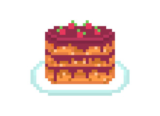 Chocolate cream and fresh strawberry birthday cake, pixel art icon isolated on white background.Bakery emblem. Dessert menu logo.Old school 8 bit slot machine symbol.Retro 80s; 90s video game graphics