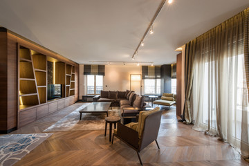Fototapeta na wymiar Interior of a luxury apartment, modern open plan living room