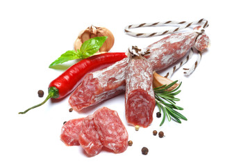 Dried organic salami sausage on white background