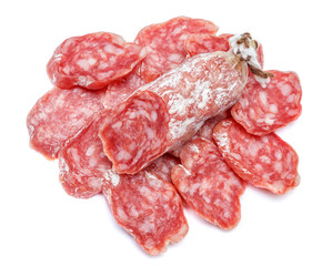 Dried organic salami sausage on white background