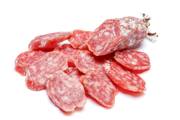 Dried organic salami sausage on white background