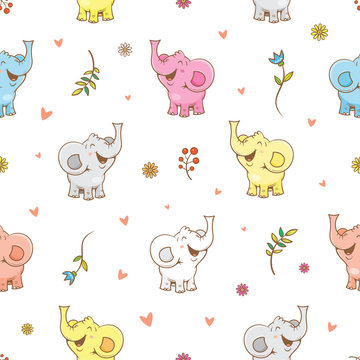Vector spring seamless pattern with cute cartoon elephants  and flowers on white background. Spring time. Vector contour colorful image. Little joey. Funny African animal. 