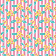 Summer floral pattern vector seamless. Yellow plumeria flowers background with pink stripes. Design for tropical fabric, hawaiian textile, exotic wallpaper or paper.