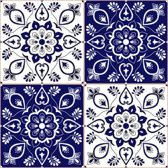Portuguese tile pattern vector with blue and white floral ornament. Azulejo, mexican talavera, spanish, italian majolica, delft dutch motis. Tiled texture background for wallpaper or flooring ceramic.