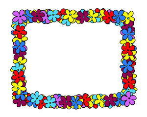 Floral border cartoon background with hand-draw colorful spring flowers, vector illustration.