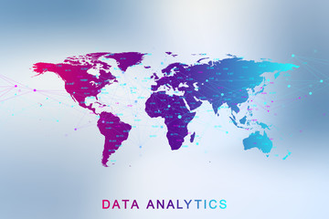 Big data analytics and business intelligence. Digital analytics concept with graph and charts. Financial schedule World Map infographic. Vector illustration.