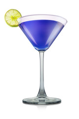Blue curacao cocktail or mocktail in martini glass with slice of lime isolated on white background. Clipping path