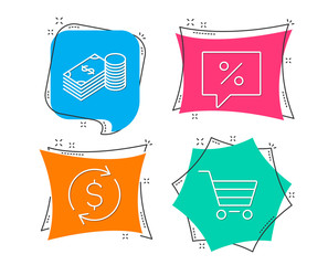 Set of Dollar exchange, Savings and Discount message icons. Market sale sign. Banking rates, Finance currency, Special offer. Customer buying.  Flat geometric colored tags. Vivid banners. Vector