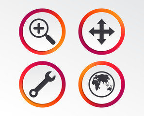 Magnifier glass and globe search icons. Fullscreen arrows and wrench key repair sign symbols. Infographic design buttons. Circle templates. Vector