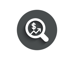 Business Audit or Statistics simple icon. Analytics with charts symbol. Search Magnifier sign. Circle flat button with shadow. Vector