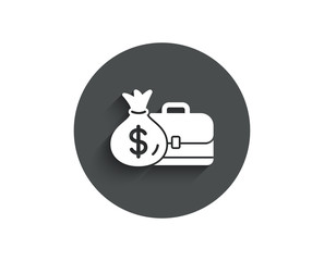 Business case simple icon. Portfolio and Salary symbol. Diplomat with Money bag sign. Circle flat button with shadow. Vector