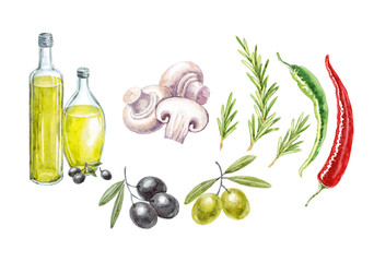 Watercolor hand-drawn set with food ingredients (italian food) on white background