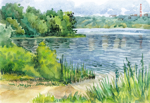 Watercolor hand-drawn summer landscape