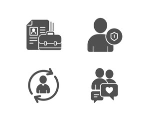 Set of Vacancy, Security and Person info icons. Dating chat sign. Hiring job, Person protection, Refresh user data. People love.  Quality design elements. Classic style. Vector