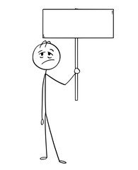 Cartoon stick man drawing conceptual illustration of tired or exhausted businessman holding empty sign