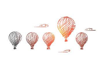 Vector hand drawn Be the fisrt concept sketch. Five air ballons in sky with one higher than most.