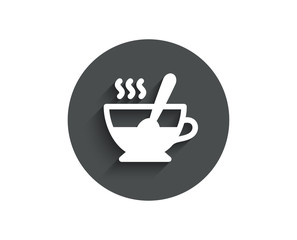 Cup with spoon simple icon. Fresh beverage sign. Latte or Coffee symbol. Circle flat button with shadow. Vector