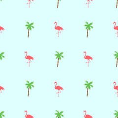 Seamless pattern of pink flamingos and palm trees on a green background