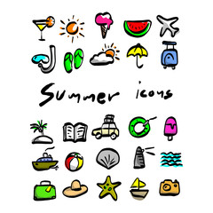 colorful summer icons vector illustration sketch hand drawn with black lines isolated on white background