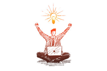 Vector hand drawn good ideas concept sketch. Business man sitting on floor with laptop and exulting he got good business idea.