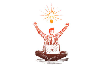 Vector hand drawn good ideas concept sketch. Business man sitting on floor with laptop and exulting he got good business idea.
