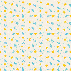 Seamless leaves pattern. Blue and yellow decorations on white background.