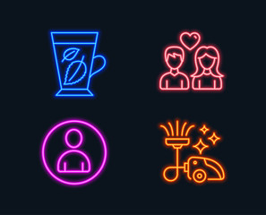 Neon lights. Set of Mint leaves, Avatar and Couple love icons. Vacuum cleaner sign. Mentha leaf, User profile, People in love. Vacuum-clean.  Glowing graphic designs. Vector