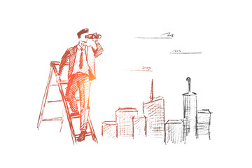 Vector hand drawn searching concept sketch. Businessman standing on stepladder and looking through binoculars with big city at background. - obrazy, fototapety, plakaty