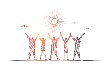 Vector hand drawn team concept sketch. Team of five people standing backwards and holding each others hands raised. Lettering Team concept