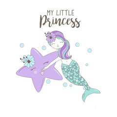 Little Hand drawn mermaid and sea star in pastel colors. Cute Illustration for baby showers, birthday, t-shirts, mugs, cards and backgrounds. Doodle funny character design