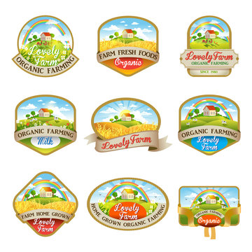 Labels with the image of a lovely farm