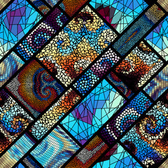 Seamless background pattern. Mosaic art pattern of rectangles of different tile textures. Vector image.