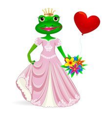 Frog in love.Cartoon princess frog with heart and flowers in their hands 