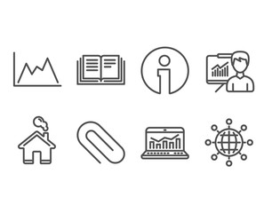 Set of Paper clip, Presentation and Diagram icons. Education, Web analytics and International globe signs. Attach paperclip, Education board, Growth graph. Vector