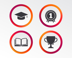 Graduation icons. Graduation student cap sign. Education book symbol. First place award. Winners cup. Infographic design buttons. Circle templates. Vector