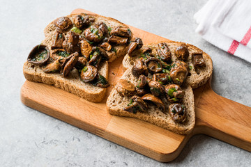 Obraz na płótnie Canvas Mushroom Bruschetta Toast Sandwich on Wooden Surface.