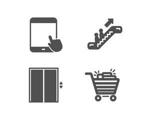 Set of Lift, Escalator and Tablet pc icons. Shopping cart sign. Elevator, Touchscreen gadget, Gifts.  Quality design elements. Classic style. Vector