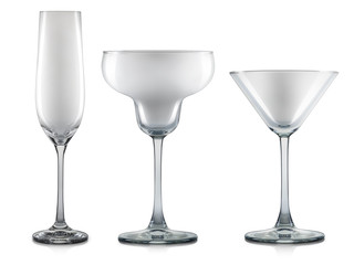 Set of empty glasses for different alcohol drinks and cocktails isolated on white background with clipping path