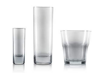 Set of empty glasses for different alcohol drinks and cocktails isolated on white background with clipping path