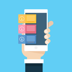 Review rating bubble speeches on mobile phone vector illustration, flat style smartphone reviews stars with good and bad rate and text