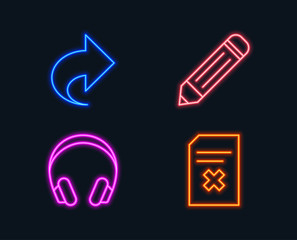 Neon lights. Set of Share, Pencil and Headphones icons. Delete file sign. Link, Edit data, Music listening device. Remove document.  Glowing graphic designs. Vector