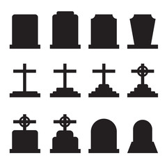 Set of tombstones with different forms. Collection of gravestones. Isolated on white. Vector illustration.