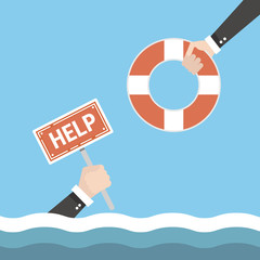 Helping Business to survive. Drowning businessman getting lifebuoy from another businessman. Business help, support, survival, investment concept. Vector colorful illustration in flat style