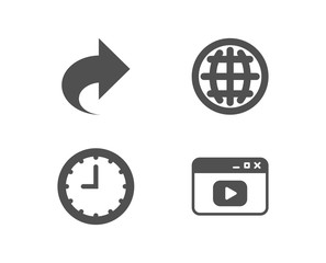 Set of Time, Globe and Share icons. Video content sign. Office clock, Internet world, Link. Browser window.  Quality design elements. Classic style. Vector