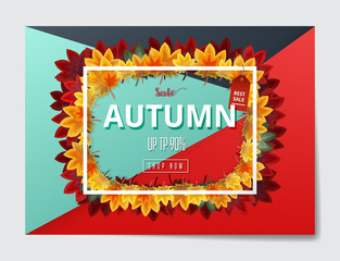 Autumn sale flyer template with lettering. Bright fall leaves. Poster, card, label, banner design. Bright geometrical background. Vector illustration EPS10