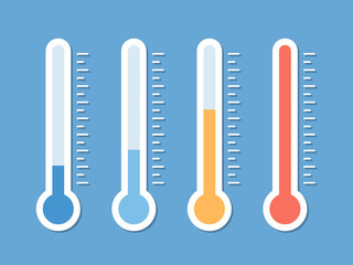 Blue, yellow and red flat thermometer indicators illustration