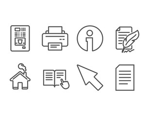 Set of Feather signature, Mouse cursor and Read instruction icons. Printer, Coffee vending and Document signs. Feedback, Click arrow, Opened book. Vector