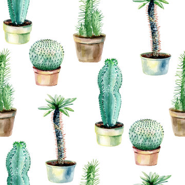 watercolor hand drawn seamless cactus pattern background
