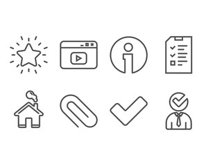 Set of Interview, Paper clip and Rank star icons. Video content, Tick and Vacancy signs. Checklist file, Attach paperclip, Best result. Browser window, Confirm check, Businessman concept. Vector